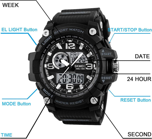 Dayllon Mens Analog Digital LED 50M Waterproof Outdoor Sport Watch Military Multifunction Casual Dual Display 12H/24H Stopwatch Calendar Wrist Watch