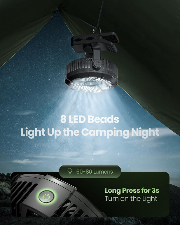 Gaiatop Portable Camping Fan with LED Lantern, 360°Rotation and Clip on for Desk, 4000Mah USB Rechargeable Battery Powered, Digital Display and Hanging Hook for Tent Outdoor Travel Black
