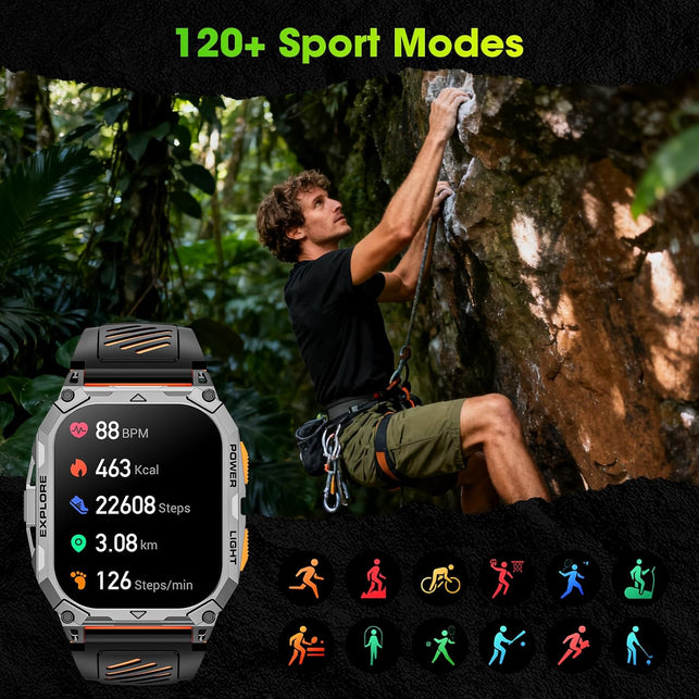 Smart Watches for Men, 2.01" HD Military Smart Watch with 1000Mah High-Capacity Battery/Led Flashlight/Answer/Make Call/Step Tracker, Fitness Tracker for Android/Iphone (Orange)