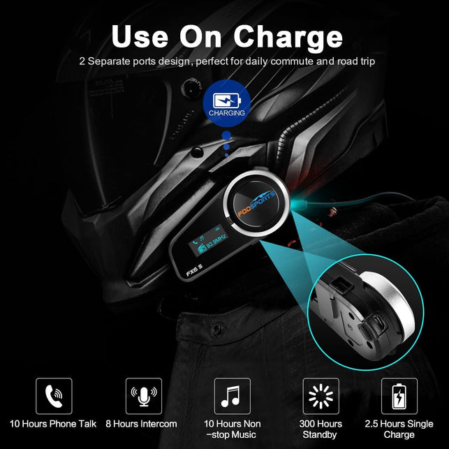 FODSPORTS Motorcycle Bluetooth Headset Communicaton System FX6S Helmet Intercom LED Screen 6 Riders Use on Charge/Voice Dial Universal Motorbike Communicator for ATV Dirtbike 2 Pack