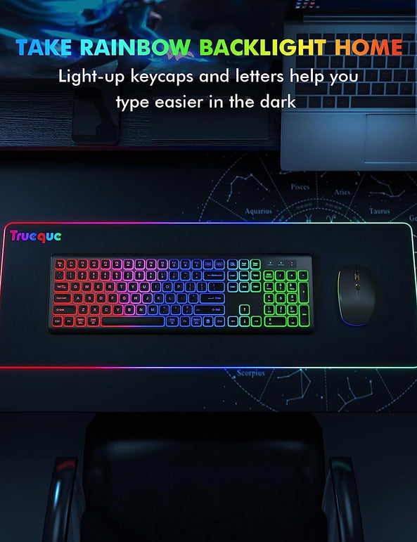 Wireless Keyboard and Mouse Combo - RGB Backlit, Rechargeable & Light up Letters, Full-Size, Ergonomic Tilt Angle, Sleep Mode, 2.4Ghz Quiet Keyboard Mouse for Mac, Windows, Laptop, PC, Trueque