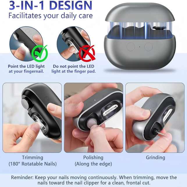 3-In-1 Electric Nail Clipper with LED Light, 2 Speeds, Gray