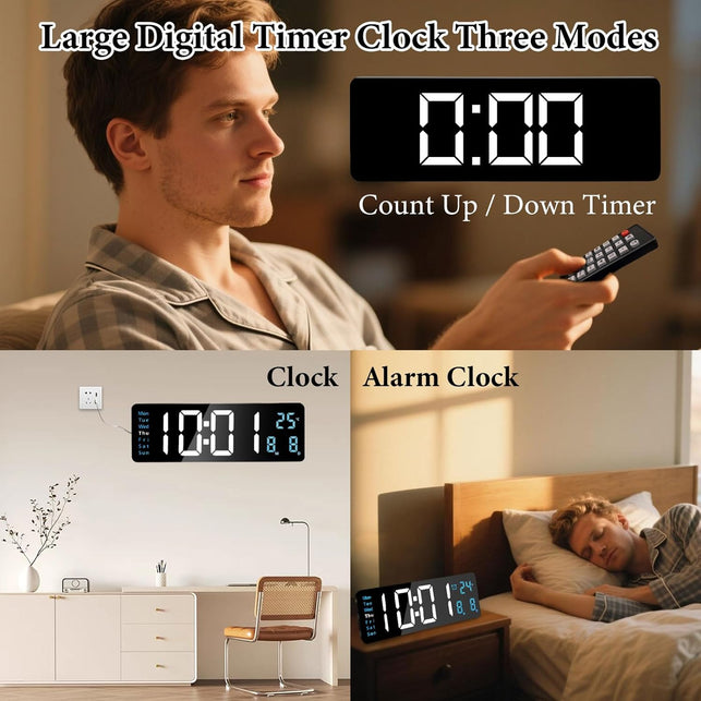 Oolong 16 Inch Large Digital Wall Clock,Led Display with Remote,8 RGB Ambient Light,10-Level Auto & Manual Dimmer,Countdown Timer,Temperature Date,12/24H for Living Room Bedroom Kitchen Seniors Kids