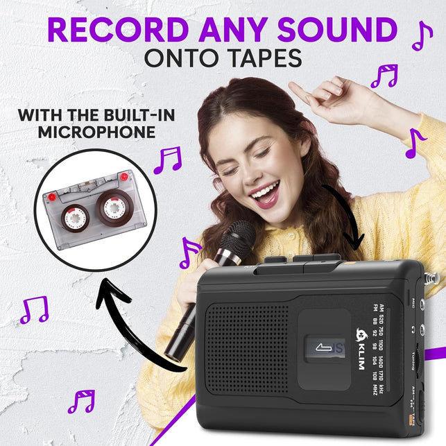 KLIM K8 Cassette Tape Player Portable with F1 Headphones - Cassette Recorder - NEW Version - AM/FM - Built-In Microphone & Speaker - Headphone Jack & Earphones - Black