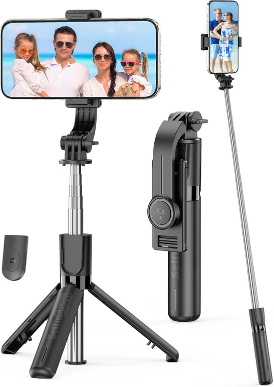 SelfieShow  Portable Selfie Stick, 4 in 1 Extendable Phone Tripod Stand with Detachable Wireless Remote & Phone Holder 360° Rotating Mini Travel Tripod Compatible with Iphone 16/15/14/13 Pro