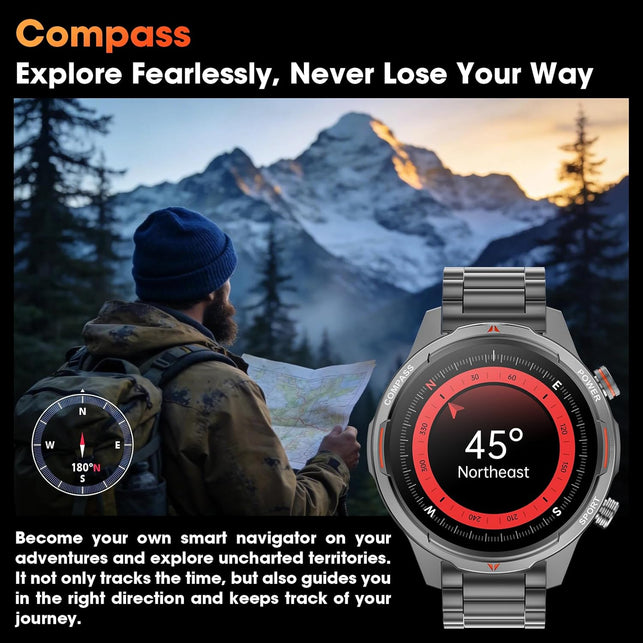 Military Smartwatch for Men, 100-Day Standby, Bluetooth Call with Compass
