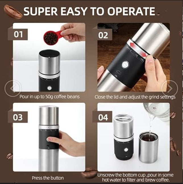 Electric Conical Burr Coffee Grinder Battery Portable Cordless Rechargeable Espresso Coffee Bean Grinder Travel Coffee Maker with 15 Fine to Coarse Grind Settings for Home Use (Black)