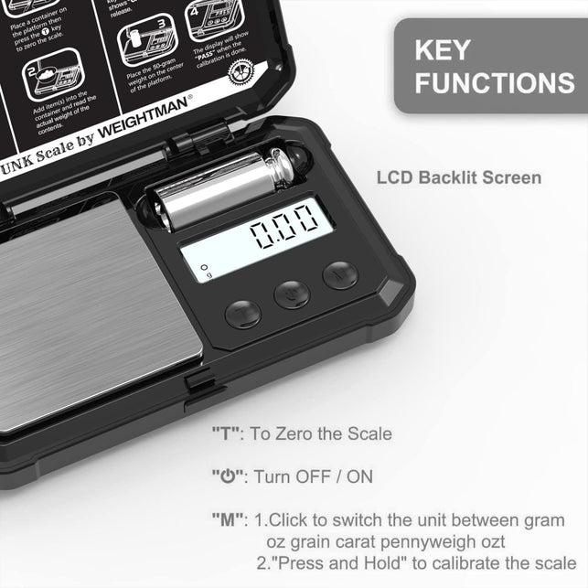 WEIGHTMAN Gram Scale, 200/0.01G Black Scale, Scales Digital Weight Grams with 50G Calibration Weight, Digital Pocket Scale Gram and OZ, Small Digital Scale 6 Units, Large LCD Screen, Battery Included