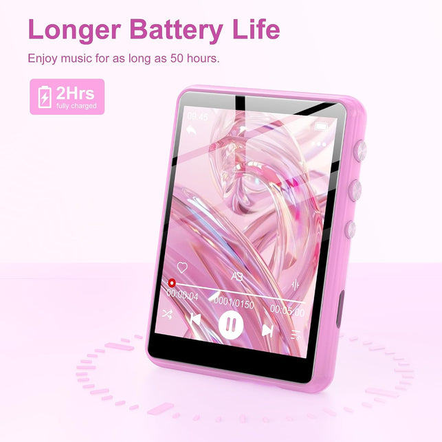 128GB MP3 Player with Bluetooth 5.4 - SWOFY M4 Portable Music Player with Hifi Speaker, 2.4" Touch Screen with Voice Recorder, FM Radio,E-Book, Support up to 512GB SD Card Earphones Included Pink