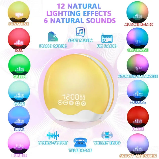 Sunrise Alarm Clock Wake up Light with Touch Control Dual-Sided Natural Light for Kids Heavy Sleepers with 12-Color Night Light