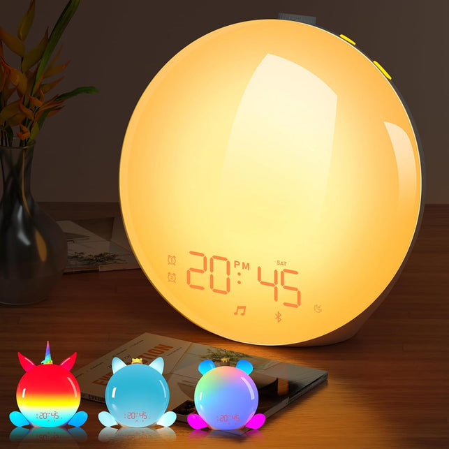 Aurora Sunrise Alarm Clock with 3 Free Magnetic Pet Kit, Wake-Up Light, Bluetooth Speaker, Backlit, Eye-Friendly Sleep Aid, Dimmable, Dual Alarms, Natural Sound, Kid, Child, Teenager, DIY, X-Mas Gift