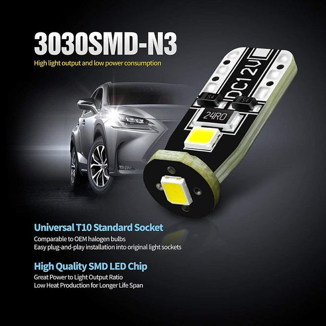 SIR IUS LED 194 LED Bulbs Extremely Super Bright 3030 Chipset for Car Truck Interior Dome Map Door Courtesy Marker License Plate Lights Compact Wedge T10 168 2825 Xenon White Pack of 10