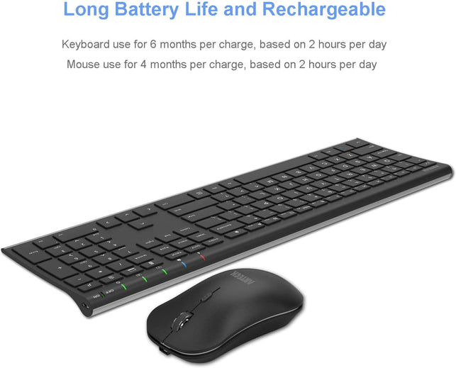 Arteck 2.4G Wireless Keyboard and Mouse Combo Stainless Steel Ultra Slim Full Size Keyboard and Ergonomic Mice for Computer Desktop PC Laptop and Windows 11/10/8 Build in Rechargeable Battery