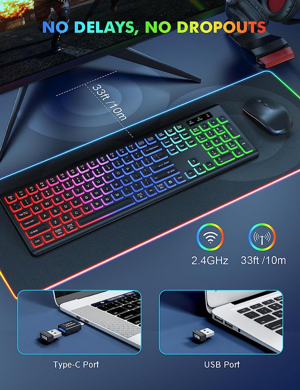 Wireless Keyboard and Mouse Combo - RGB Backlit, Rechargeable & Light up Letters, Full-Size, Ergonomic Tilt Angle, Sleep Mode, 2.4Ghz Quiet Keyboard Mouse for Mac, Windows, Laptop, PC, Trueque