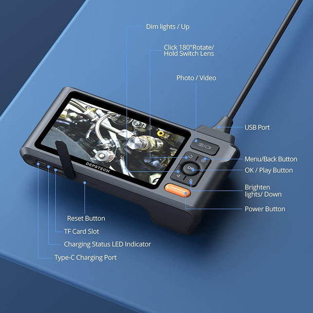 DEPSTECH 5"IPS Screen Borescope with 4.92Ft Semi-Rigid Cable, 1080P Dual Lens Inspection Camera, Split Screen, Portable 7.9Mm Endoscope and Case, 7 Lights,Helpful Gadget for Wall,Sewer Pipe,Automotive