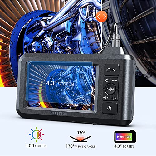 DEPSTECH Dual Lens Industrial Endoscope, 1080P Digital Borescope Inspection Camera with 7.9mm IP67 Waterproof Camera, Sewer Camera with 4.3" LCD Screen, 7 LED Lights,16.5FT Semi-Rigid Cable, 32GB Card