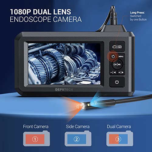 DEPSTECH Dual Lens Industrial Endoscope, 1080P Digital Borescope Inspection Camera with 7.9mm IP67 Waterproof Camera, Sewer Camera with 4.3" LCD Screen, 7 LED Lights,16.5FT Semi-Rigid Cable, 32GB Card