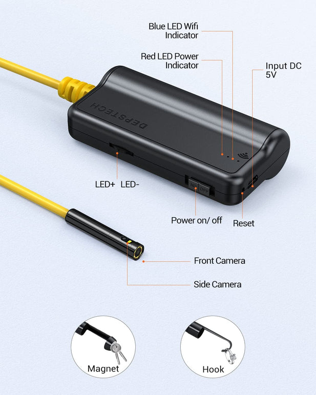 DEPSTECH Dual Lens Wireless Endoscope, 1080P Scope Camera with 7 LED Lights, 0.31In Lens Video HD Inspection Camera, Zoom Waterproof Borescope Semi-Rigid Cable for Android & Ios Phone or Tablet-16.5Ft