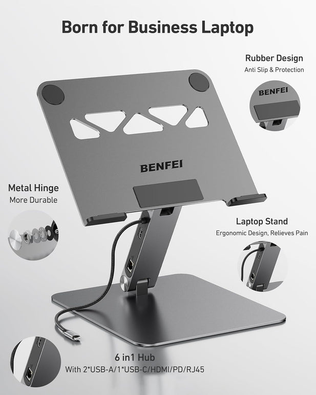BENFEI Laptop Stand with USB C 6In1 Docking Station, HDMI 4K@60Hz,Gigabit Ethernet, 100W Power Delivery, 10Gbps 1*USB C 3.2 and 2*USB a 3.2 Compatible with Macbook Pro/Air, Ipad Pro, XPS, Thinkpad