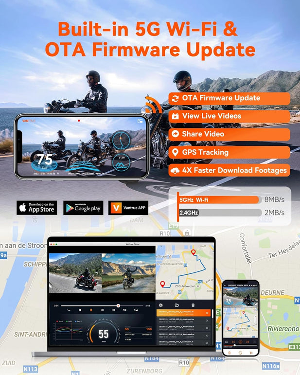 Vantrue F1 Motorcycle 4K Front and Rear Dash Cam, 4K + 1080P Motorcycle Camera, GPS, Full Body Waterproof, Wi-Fi, 160°Wide Angle, Starvis Night Vision, G-Sensor, Parking Mode, Support 512GB Max