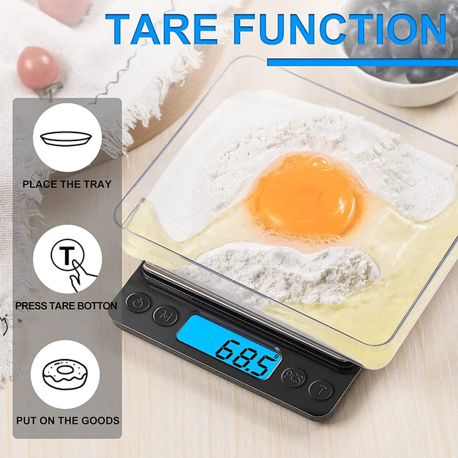 Digital Food Kitchen Scale Upgraded, YONCON 3000G/0.1G High Accuracy Mini Pocket Scale Measures in Grams and Oz for Cooking, Baking, Jewelry, Tare Function,2 Trays, LCD Display (Batteries Included)