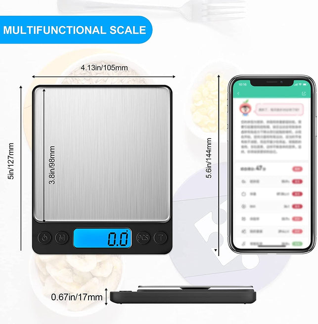 Digital Food Kitchen Scale Upgraded, YONCON 3000G/0.1G High Accuracy Mini Pocket Scale Measures in Grams and Oz for Cooking, Baking, Jewelry, Tare Function,2 Trays, LCD Display (Batteries Included)