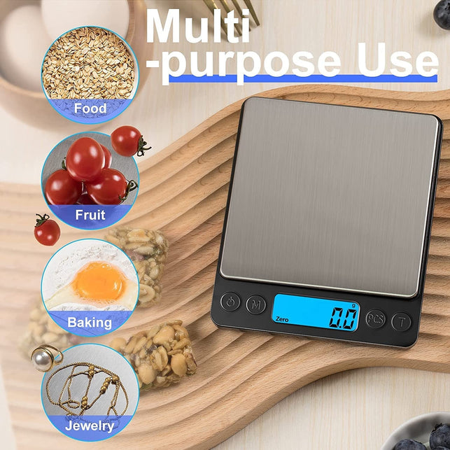 Digital Food Kitchen Scale Upgraded, YONCON 3000G/0.1G High Accuracy Mini Pocket Scale Measures in Grams and Oz for Cooking, Baking, Jewelry, Tare Function,2 Trays, LCD Display (Batteries Included)