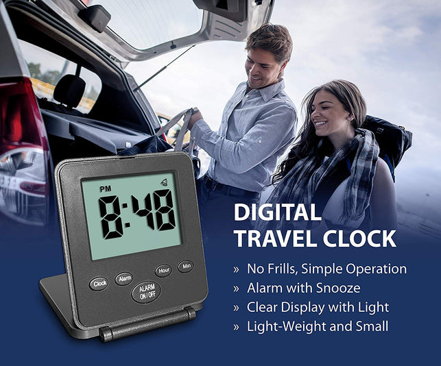 Digital Travel Alarm Clock - No Bells, No Whistles, Simple Basic Operation, Loud Alarm, Snooze, Small and Light, ON/Off Switch, 2 AAA Battery Powered,