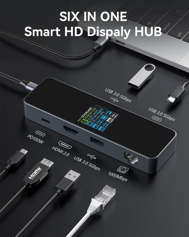 DOCKCASE Visual Smart USB C Hub (6-In-1) with HDMI Port 4K@60Hz, Gigabit Ethernet, USB-C and 2 USB-A 5Gbps Data Ports, 100W PD Power Delivery, for Macbook Air, Macbook Pro, XPS, and More