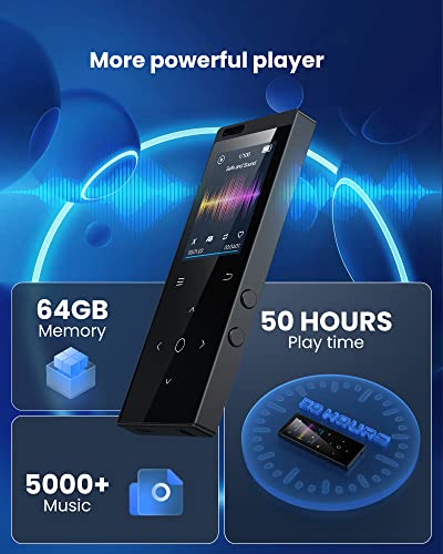 DODOSOUL 64GB MP3 Player, Music Player with Bluetooth 5.2, Shuffle, Single Loop, FM Radio, Built-in HD Speaker, Voice Recorder, Mini Design, HiFi Sound, Ideal for Sport, Earphones Included