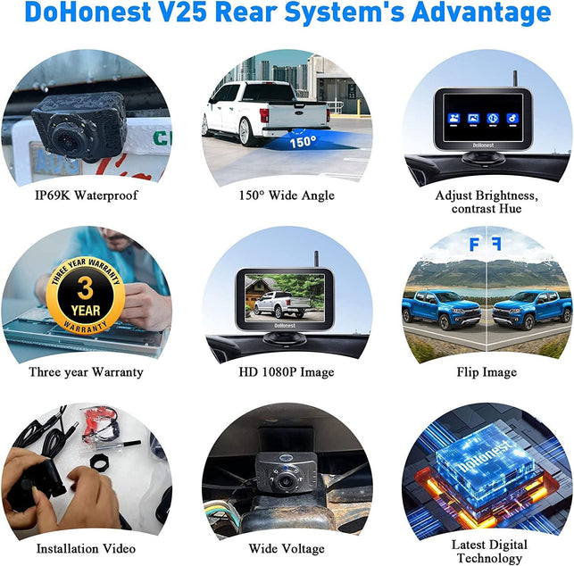 Dohonest Wireless Backup Camera HD 1080P 5“ Split Screen Monitor System for Truck Car Camper Small RV Bluetooth Rear View Cam 2.4G Stable Digital Signal Two Channels Night Vision Waterproof V25