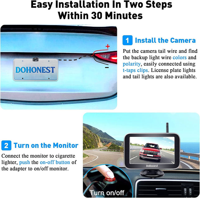 Dohonest Wireless Backup Camera HD 1080P 5“ Split Screen Monitor System for Truck Car Camper Small RV Bluetooth Rear View Cam 2.4G Stable Digital Signal Two Channels Night Vision Waterproof V25