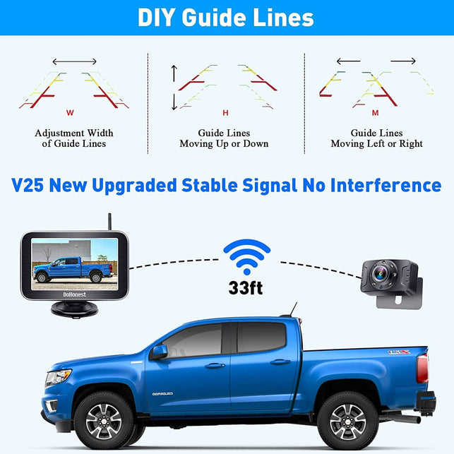Dohonest Wireless Backup Camera HD 1080P 5“ Split Screen Monitor System for Truck Car Camper Small RV Bluetooth Rear View Cam 2.4G Stable Digital Signal Two Channels Night Vision Waterproof V25