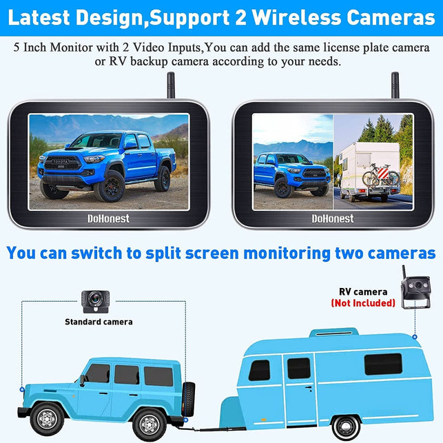 Dohonest Wireless Backup Camera HD 1080P 5“ Split Screen Monitor System for Truck Car Camper Small RV Bluetooth Rear View Cam 2.4G Stable Digital Signal Two Channels Night Vision Waterproof V25