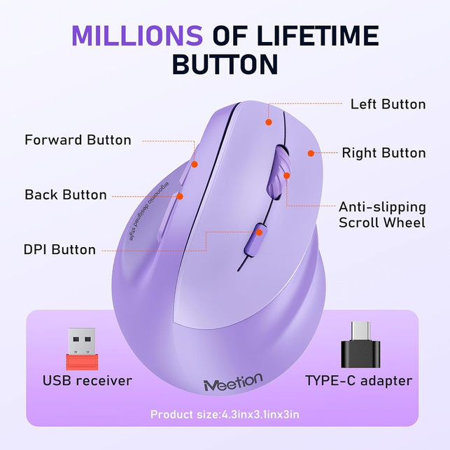 MEETION Ergonomic Mouse, Wireless Vertical Mouse RGB Backlit Rechargeable Mice for Bluetooth(5.2 + 3.0) & USB-A with USB-C Adapter 4 Adjustable DPI Compatible Mac/Windows/Andriod/Pc/Tablet/Ipad Purple