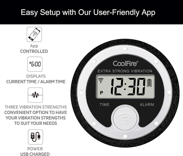 Coolfire Vibrating Alarm Clock Wristband, Silent Wake-Up Watch for Heavy Sleepers, Won’T Disturb Partner, Vibration Alarm Band for Couples/Roommates, Deaf/Hearing Impaired, 4 Alarms, Bluetooth App, Rechargeable (Black)