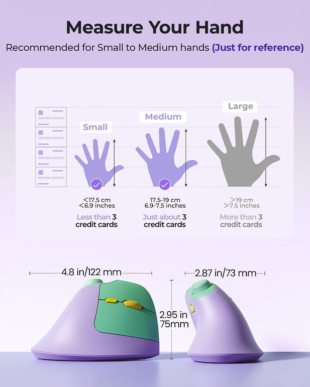 Seenda Ergonomic Mouse Rechargeable, Vertical Wireless Mouse with Volume Knob, Quiet Clicks, 3 Device Connection (Bluetooth or USB), Optical Mice for Windows, Pc/Mac- Purple