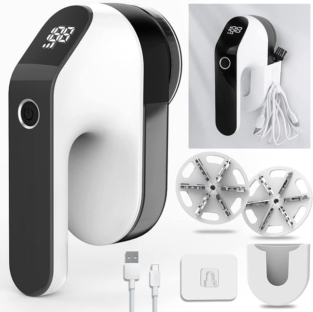 Rechargeable Fabric Shaver, Electric Lint Remover, Sweater Shaver for Clothes and Furniture with 3-Speeds and Battery Led Digital Display,2 Replaceable 6-Leaf Blades,Wall Mounted Storage Box