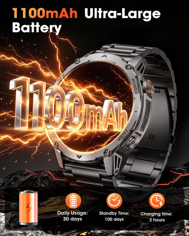 GPS Smart Watch for Men, 100-Day Battery, Bluetooth Call with Flashlight