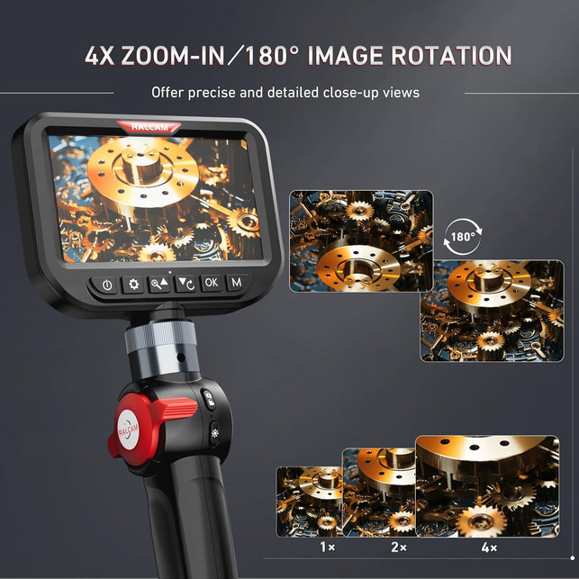 Ralcam 3.9Mm Two-Way Articulating Borescope, 5 Inch HD Industrial Endoscope Inspection Camera with Light, Stainless Steel Flexible Fiber Optic Scope Camera 0.15In Automotive Mechanics Tool
