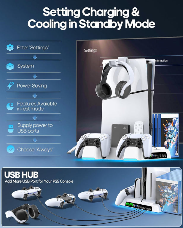 Cooling Stand for PS5/ Slim/Pro Disc & Digital Console, PS5 Cooling Station with Dual Controller Charging Station for Playstation 5 Console, 3-Level Cooling Fan & Playstation Vita Games
