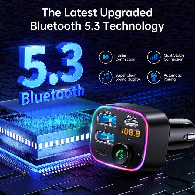 Syncwire Bluetooth 5.3 FM Transmitter Car Adapter 48W (PD 36W & 12W) [Light Switch] [Hifi Bass Sound] [Fast Charging] Wireless Radio Music Adapter LED Display Hands-Free Calling Support USB Drive