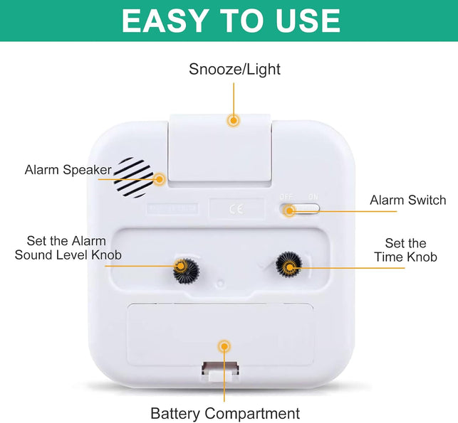 Alarm Clock, Silent Alarm Clocks Bedside Non Ticking Table Clocks Bedside Clock Battery Powered Large Display Snooze Light Clocks for Heavy Sleepers Kids Bedrooms Office Travel White
