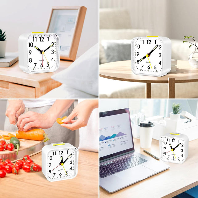 Alarm Clock, Silent Alarm Clocks Bedside Non Ticking Table Clocks Bedside Clock Battery Powered Large Display Snooze Light Clocks for Heavy Sleepers Kids Bedrooms Office Travel White