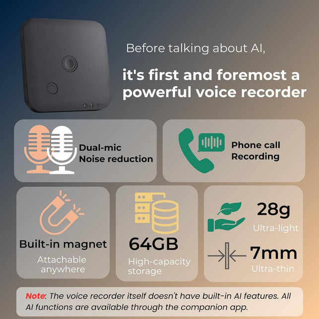 Focase Note AI Voice Recorder, Transcribe, Summarize & Translation with AI, APP Control, 64GB Storage, Support 112 Languages, Ultra-Slim Magnetic Dictaphone Note Taker for Calls, Lectures and Meetings