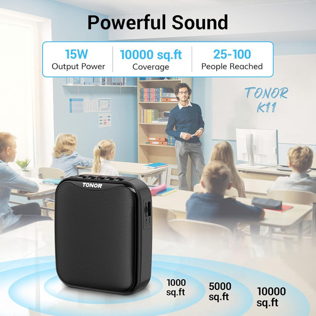 TONOR Voice Amplifier for Teachers, 15W Bluetooth Voice Amplifier with Wireless Headset Mic, Portable Megaphone Speaker Rechargeable PA System 82Ft for Teaching, Speaking, Fitness Instructors K11