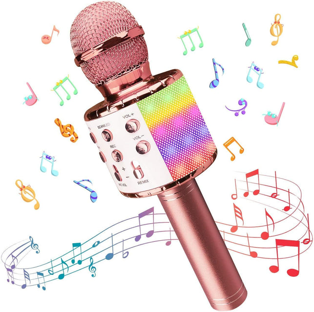 Wireless Bluetooth Karaoke Microphone with Controllable LED Lights, Xkey 4 in 1 Portable Karaoke Machine Speaker for Android/Iphone/Pc, Best Gifts Toys for Girls & Boys (Rose Gold)