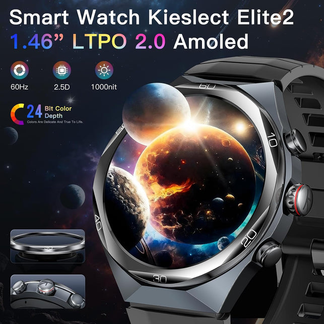 Kieslect AI Smart Watch 1.46" AOD Display GPS Watch Bluetooth Calls Zero-Delay Smart Watches for Men Video Watch Face 14-Day Battery 5ATM Waterproof, 180+ Sports Modes （Elite2）
