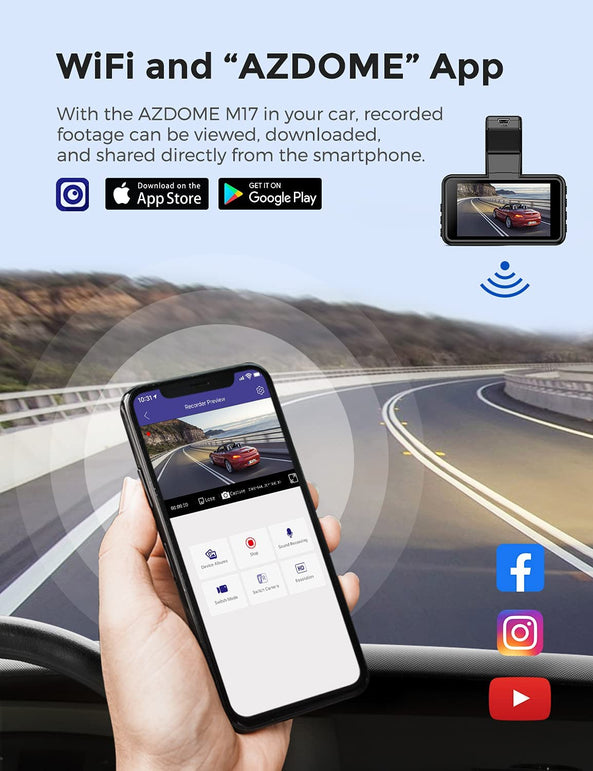 AZDOME M17 Wifi Dash Cam, FHD 1080P Car Driving Recorder, 3" Screen Dashboard Camera 150° Wide Angle, Smart Dash Camera with Driving Assistant ADAS, G-Sensor Loop Recording Night Vision Parking Mode