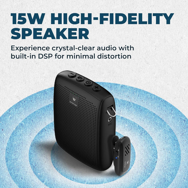 Winbridge Wireless Voice Amplifier with Bluetooth Lavalier Lapel Microphone for Teachers,Portable Speaker and Wireless Clip on Microphone System, Mini Megaphone Speaker Mic Set 15W 2600Mah WB005